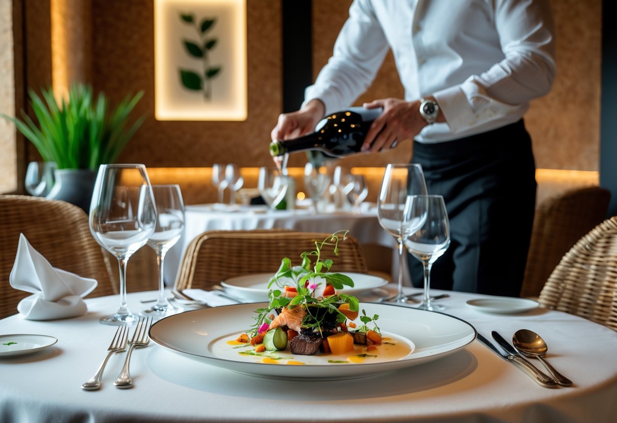 A beautifully set dining table with gourmet food in an elegant cork restaurant, featuring warm lighting and a waiter serving wine.