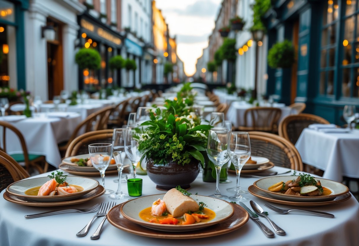 Outdoor dining table with traditional Irish dishes and Dublin cityscape in the background.