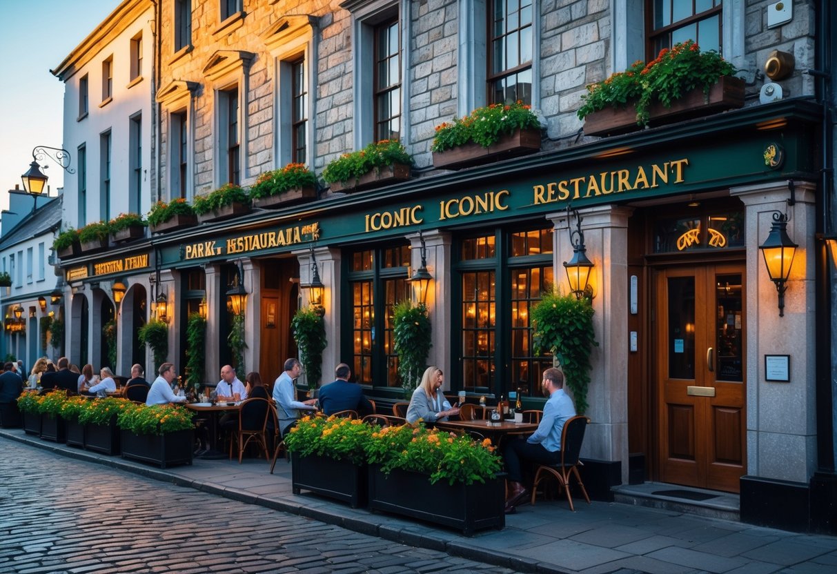 Exterior view of a historic restaurant in Cork with traditional architecture, outdoor seating, and people enjoying the setting.