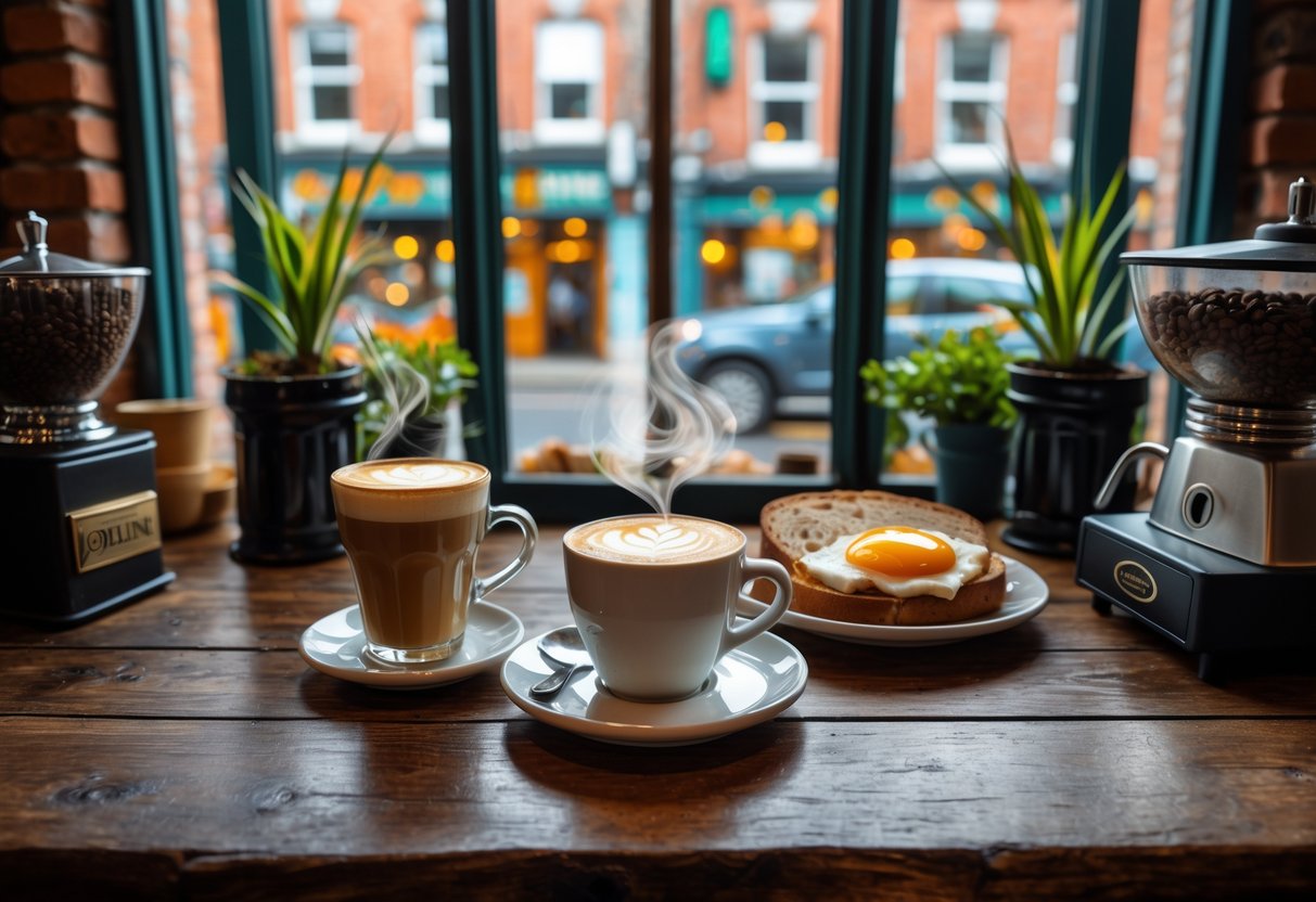 A table in a Dublin caf&eacute; with coffee drinks and an Irish breakfast plate, set near windows showing a street outside.