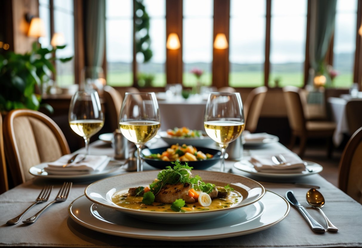 A dining table set with plates of food and wine glasses inside a cozy restaurant with wooden furniture and soft natural light.