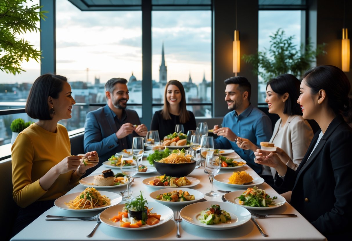 A modern restaurant in Dublin with people enjoying a variety of international dishes at a well-set table.