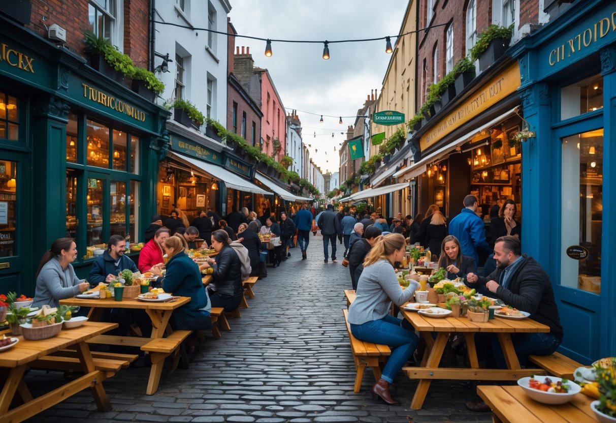 A lively street in Dublin with people enjoying food at outdoor cafes and food stalls surrounded by colorful buildings and greenery.