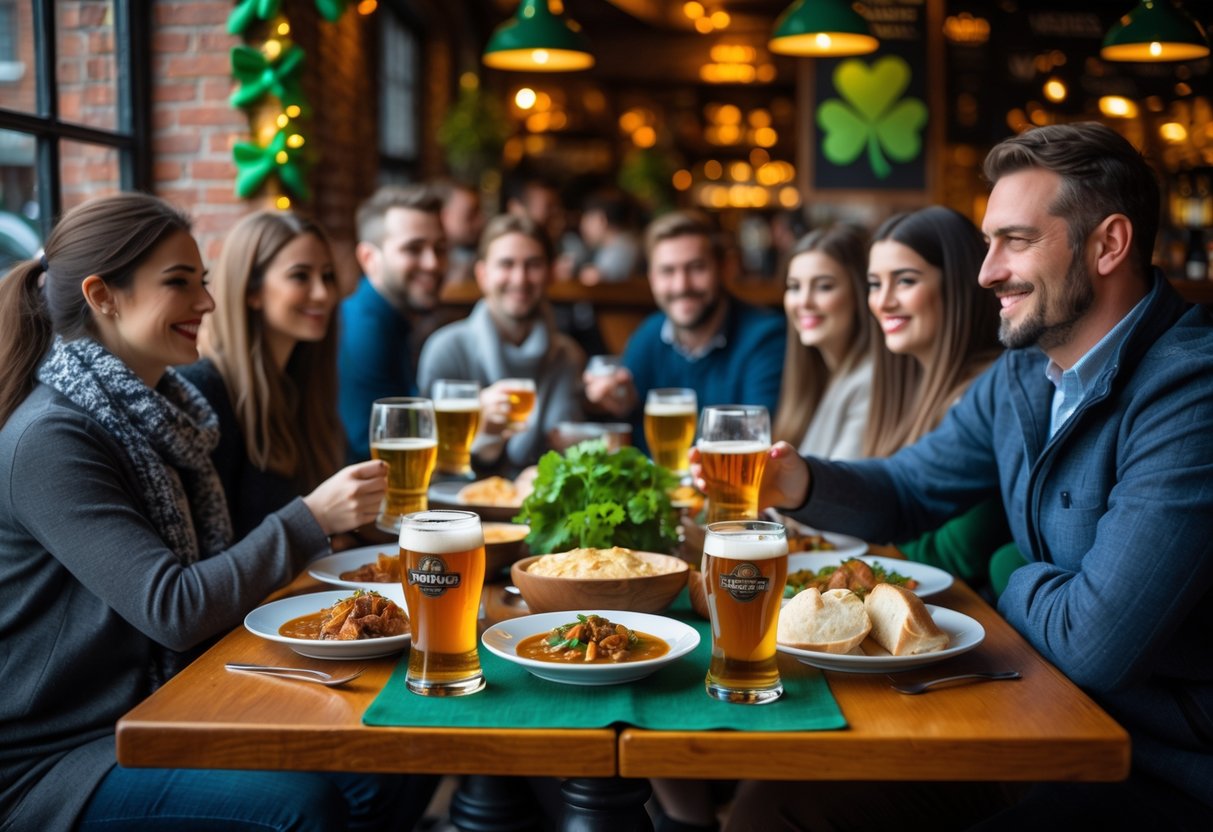 People enjoying traditional Irish food and drinks at a cozy caf&eacute; in Dublin with warm lighting and rustic d&eacute;cor.