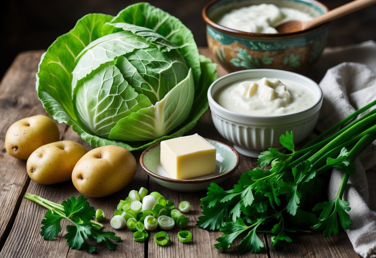 Fresh cabbage, peeled potatoes, butter, cream, and chopped green onions arranged on a wooden table with a mixing bowl and spoon nearby.