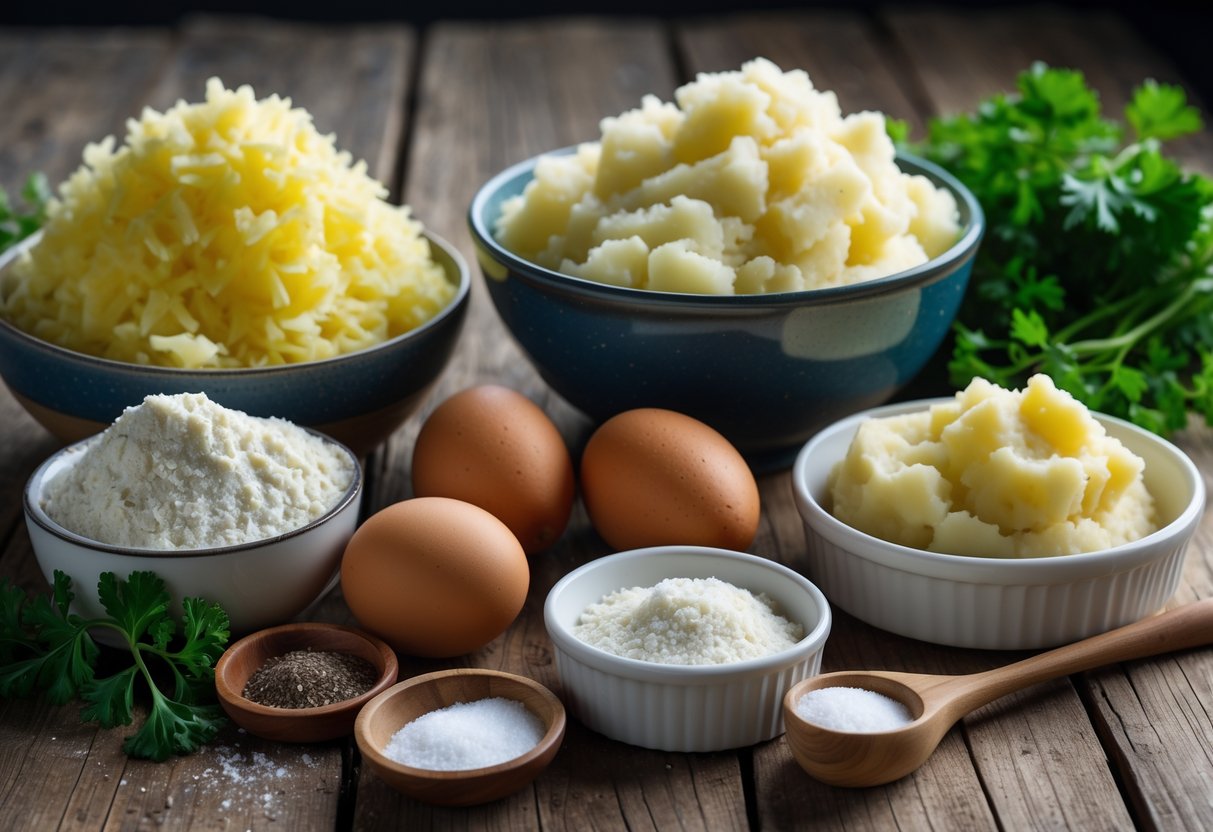 A wooden table with bowls containing grated potatoes, mashed potatoes, flour, eggs, buttermilk, salt, and pepper arranged neatly with fresh parsley and a wooden spoon.