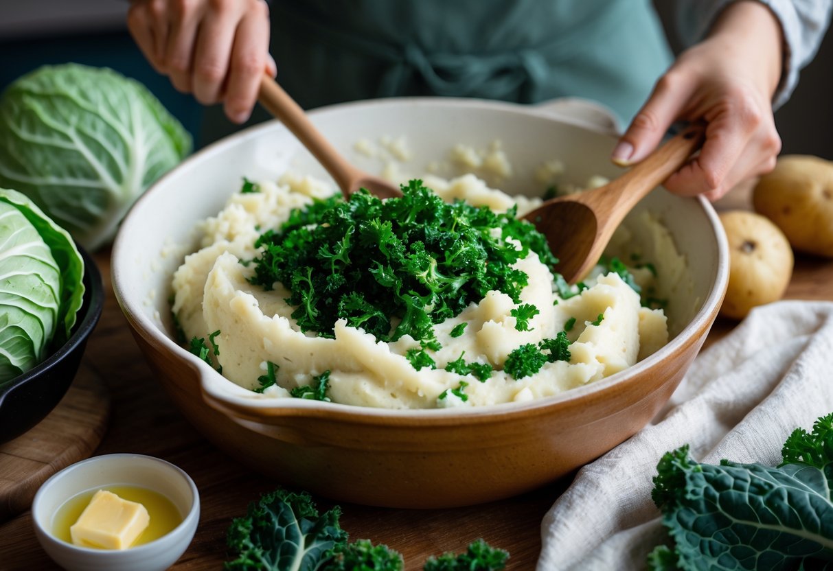 Hands stirring creamy mashed potatoes mixed with cooked kale and cabbage in a bowl on a wooden countertop surrounded by fresh greens and potatoes.