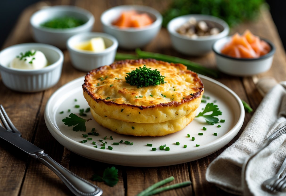 A plate of golden brown boxty with various toppings including sour cream, chives, smoked salmon, and mushrooms on a wooden table.