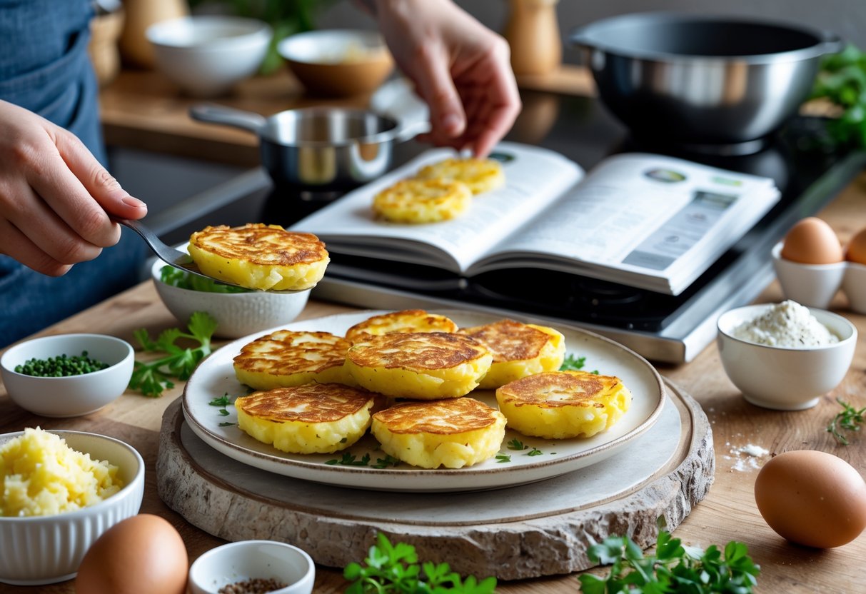 Close-up of a kitchen countertop with freshly cooked boxty on a plate, ingredients, and hands cooking in the background.