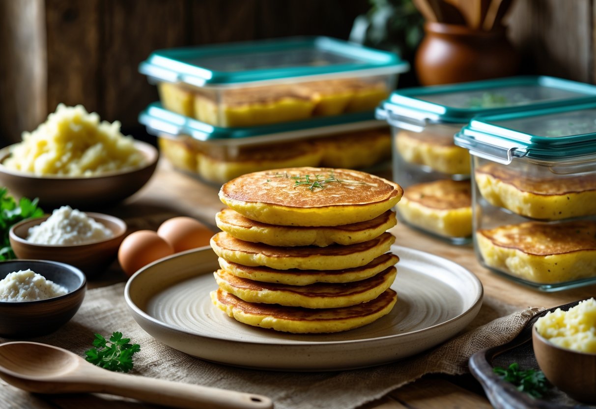 A kitchen countertop with a plate of golden boxty pancakes, glass storage containers, fresh ingredients, and cooking utensils.