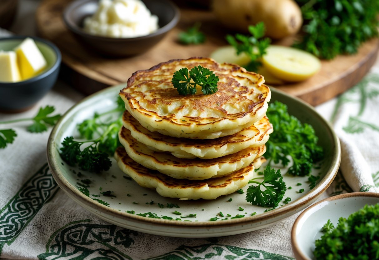 A plate of golden brown boxty potato pancakes on a rustic table with butter, sour cream, fresh herbs, and raw potatoes nearby.