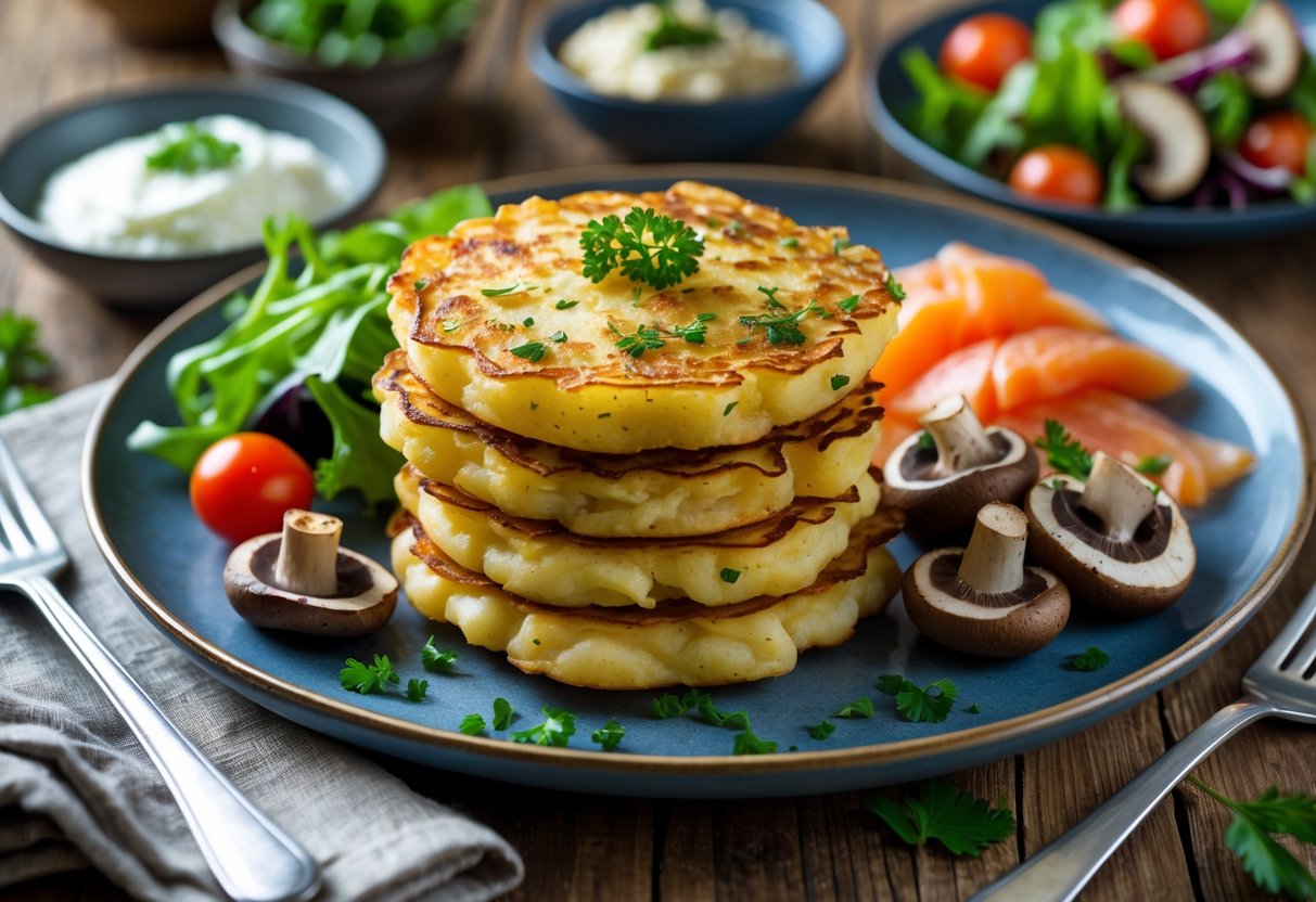 Plate of crispy potato pancakes with small bowls of sour cream, smoked salmon, mushrooms, and a green salad on a wooden table.