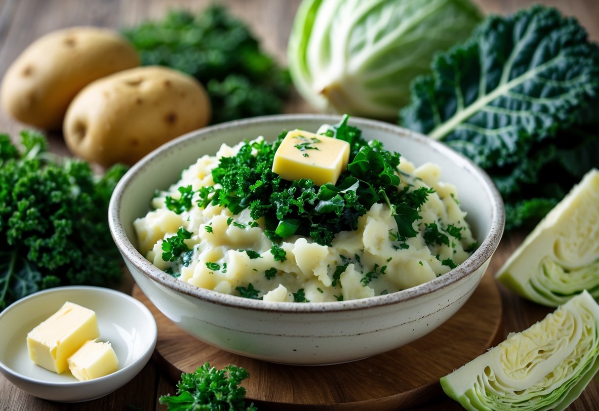 A bowl of traditional colcannon with mashed potatoes, kale, and cabbage on a wooden table surrounded by fresh potatoes, kale leaves, and butter.