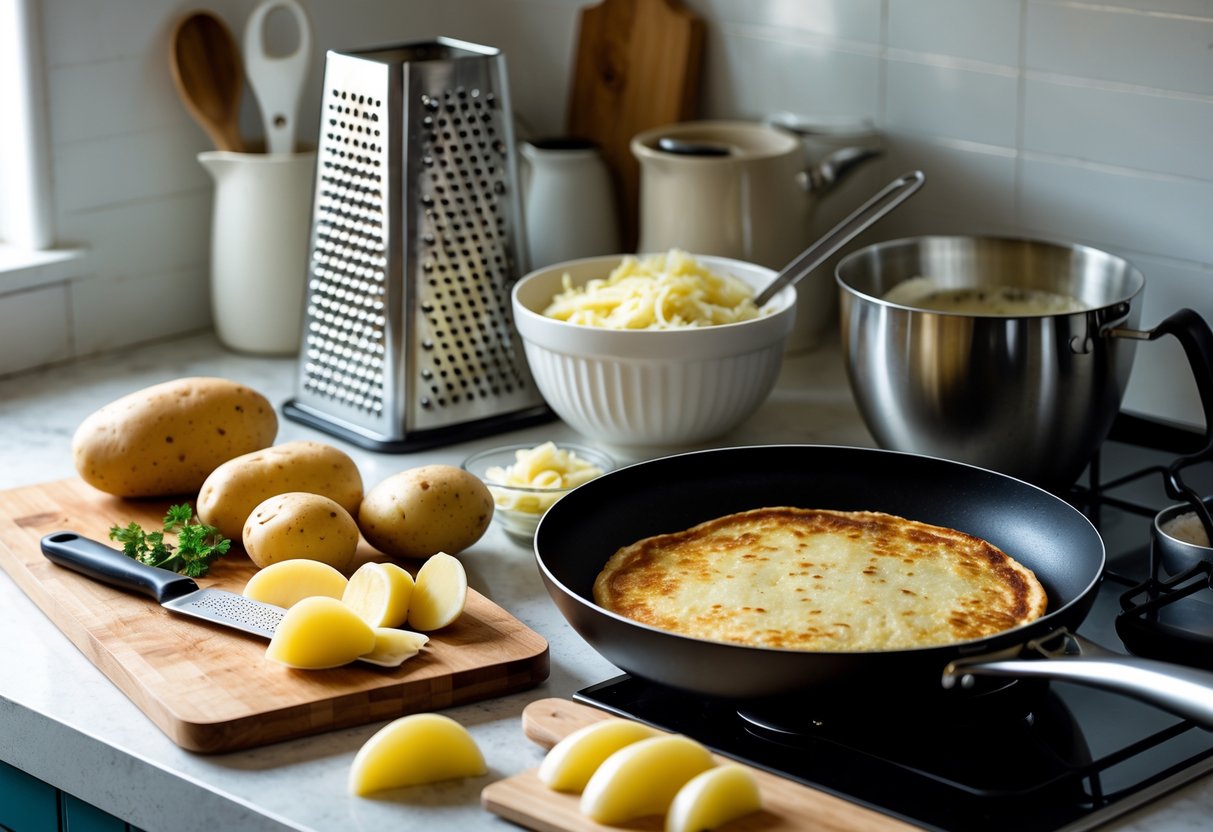 A kitchen countertop with equipment and ingredients for making boxty, including grated potatoes, a mixing bowl, frying pan with cooking pancake, and utensils.