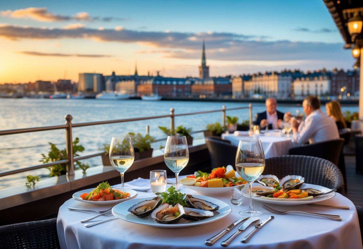 Outdoor seafood restaurant terrace overlooking Dublin waterfront with plates of fresh seafood and diners enjoying the view at sunset.