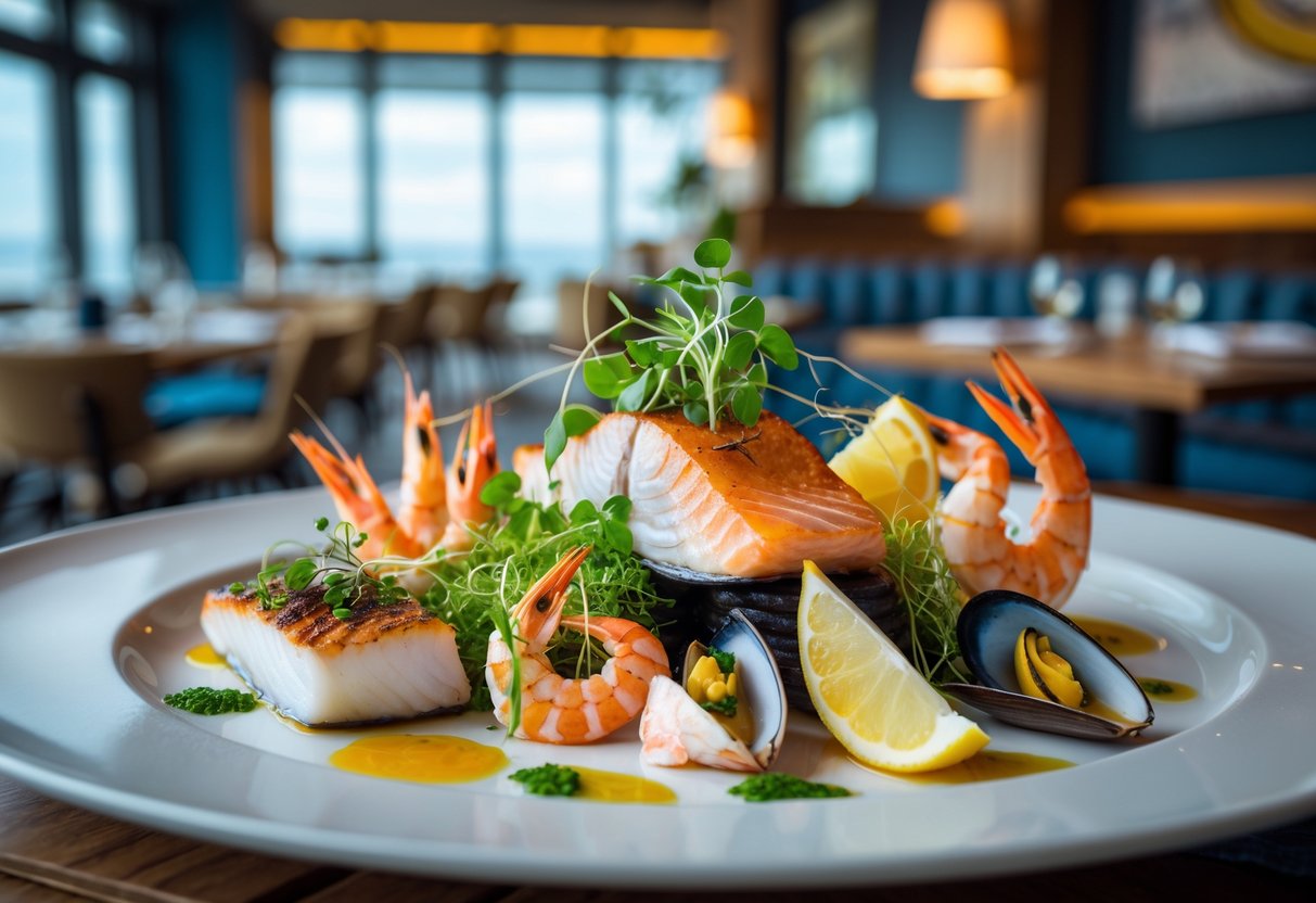 A plated seafood dish with grilled fish and shellfish on a table inside a modern seafood restaurant.
