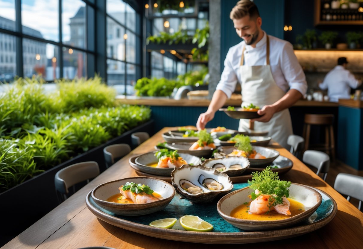 A seafood restaurant in Dublin with fresh seafood dishes on a wooden table and a chef selecting fish near a window showing the city outside.