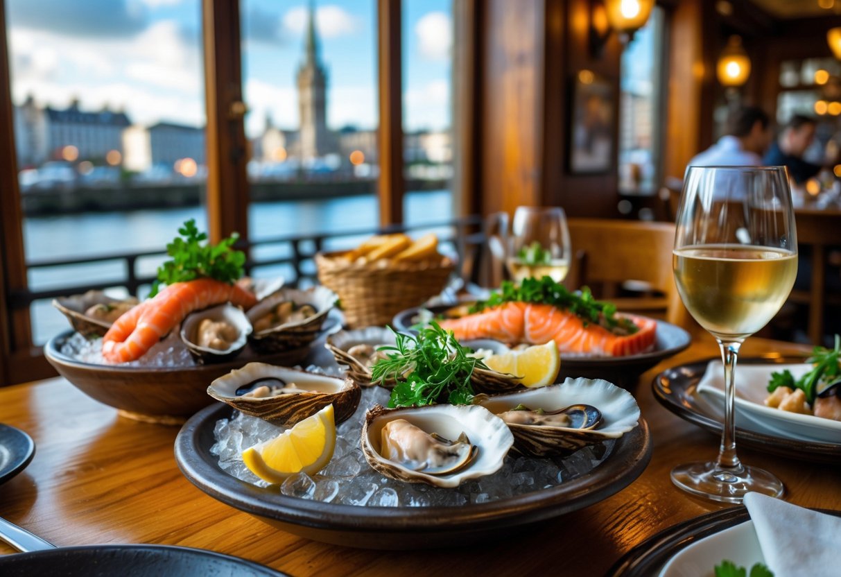 A table in a Dublin seafood restaurant with plates of fresh seafood including oysters, salmon, mussels, and shrimp, with a glass of white wine and a view of the city through a window.
