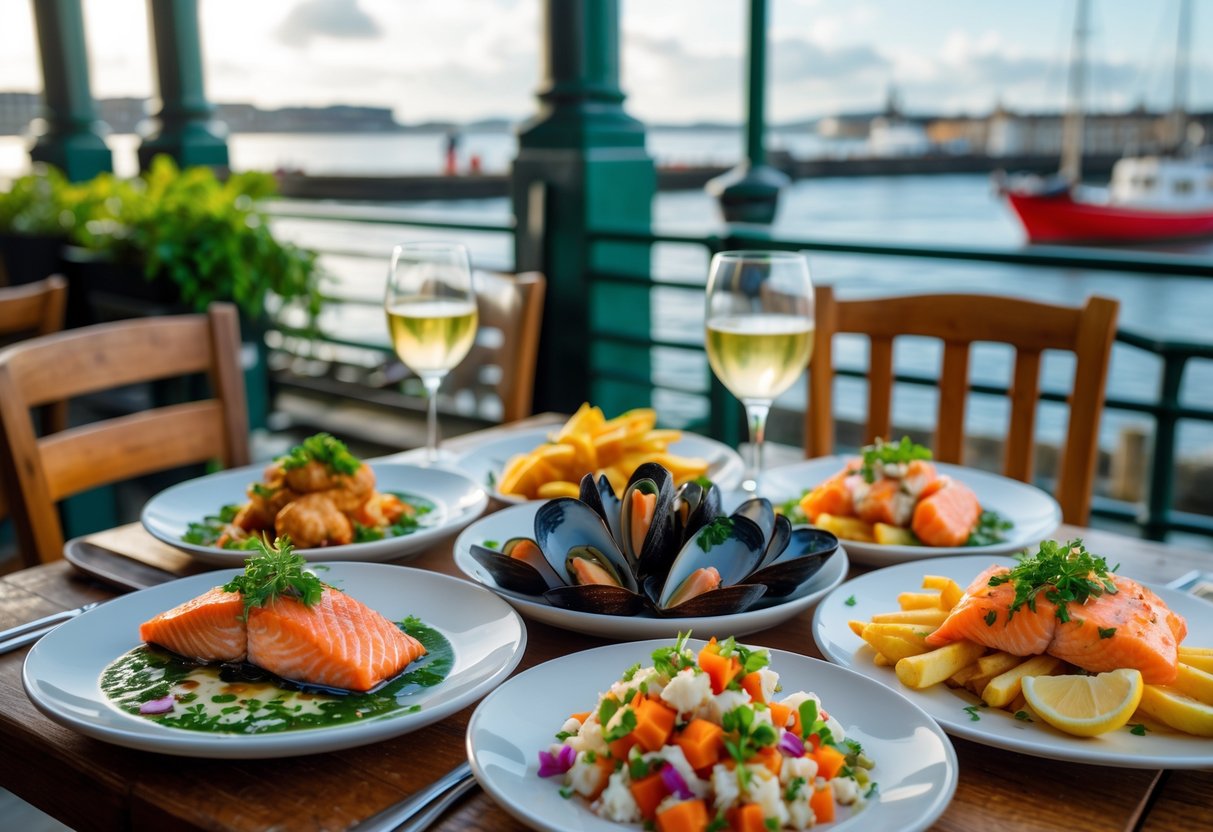 A table outdoors near Dublin's harbor with various fresh seafood dishes including grilled salmon, mussels, fish and chips, and seafood salad, set in a warm and inviting restaurant setting.