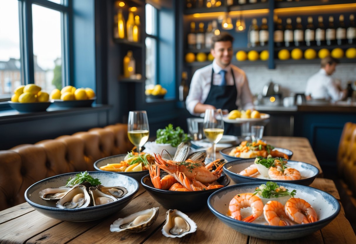 Interior of a seafood restaurant with a table set with fresh seafood dishes and a waiter serving customers.