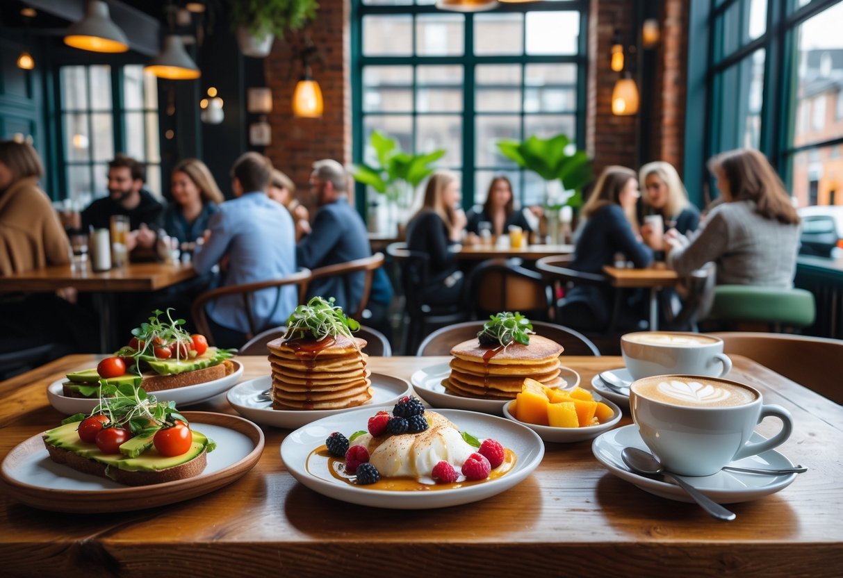 A table with various brunch dishes and coffee in a bright café with people dining and chatting in the background.