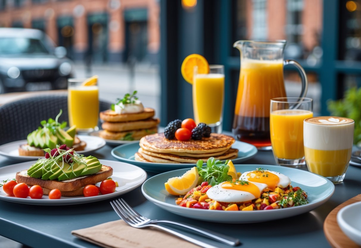 A brunch table outdoors with various international dishes including avocado toast, pancakes, shakshuka, fresh fruit, and drinks, set in a modern urban caf&eacute;.