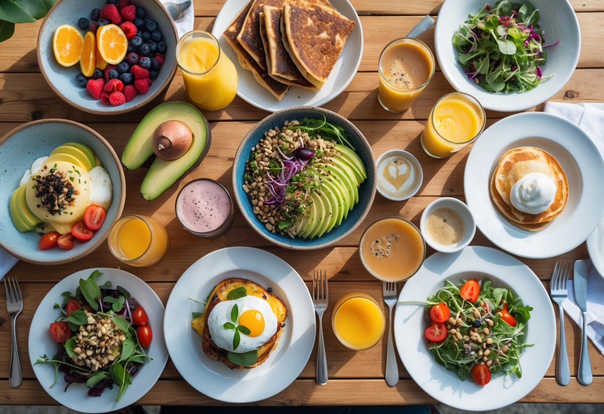 A brunch table with a variety of dishes including fruits, avocado toast, vegan smoothie bowls, gluten-free pancakes, eggs Benedict, bacon, salads, coffee, and orange juice.