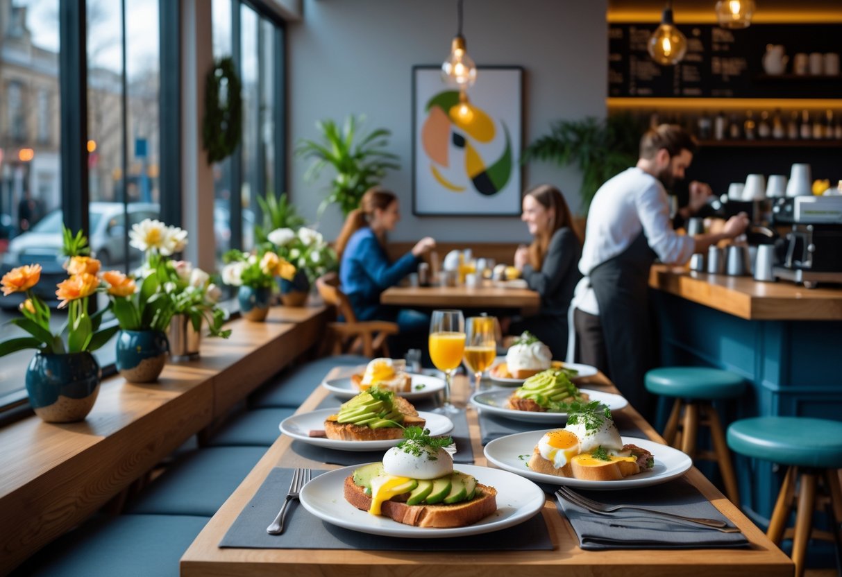 A bright caf&eacute; interior in Dublin with people enjoying brunch at wooden tables, plates of food, and a barista preparing coffee.