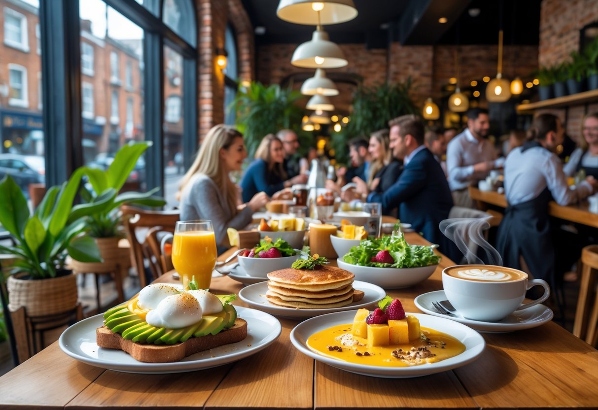 A cozy caf&eacute; table with a variety of brunch dishes including avocado toast, pancakes, fresh fruit, and coffee, with customers and staff in the background.