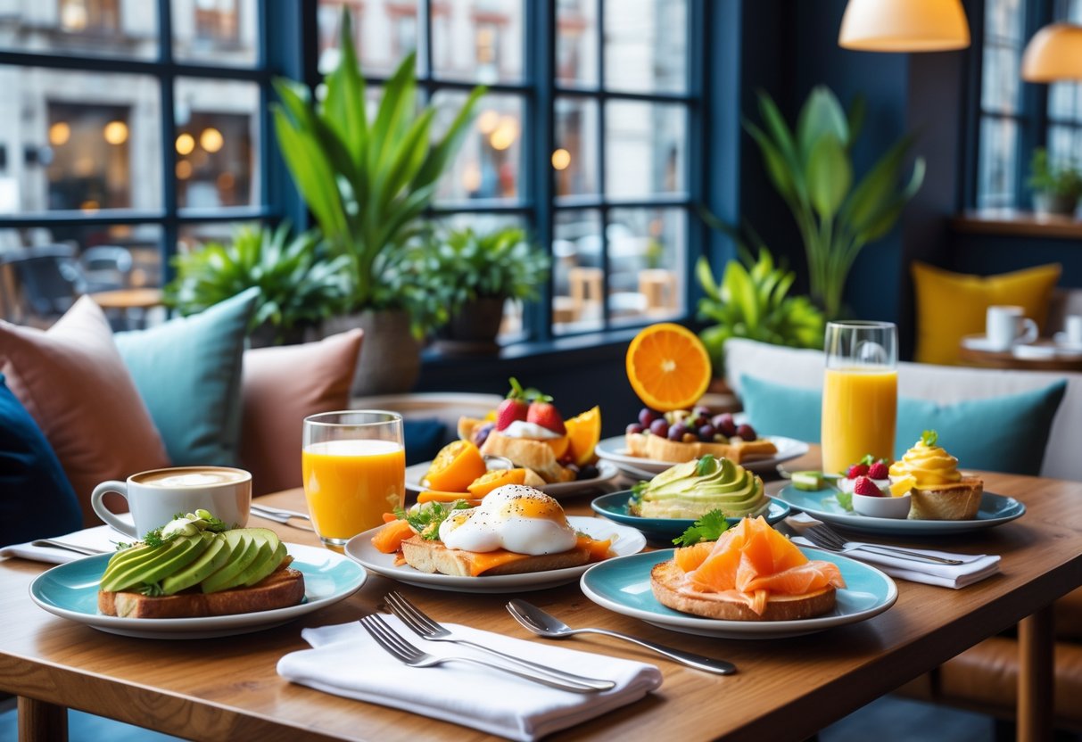 A table set with various brunch dishes, coffee, and juice in a bright caf&eacute; with large windows and a view of the city.