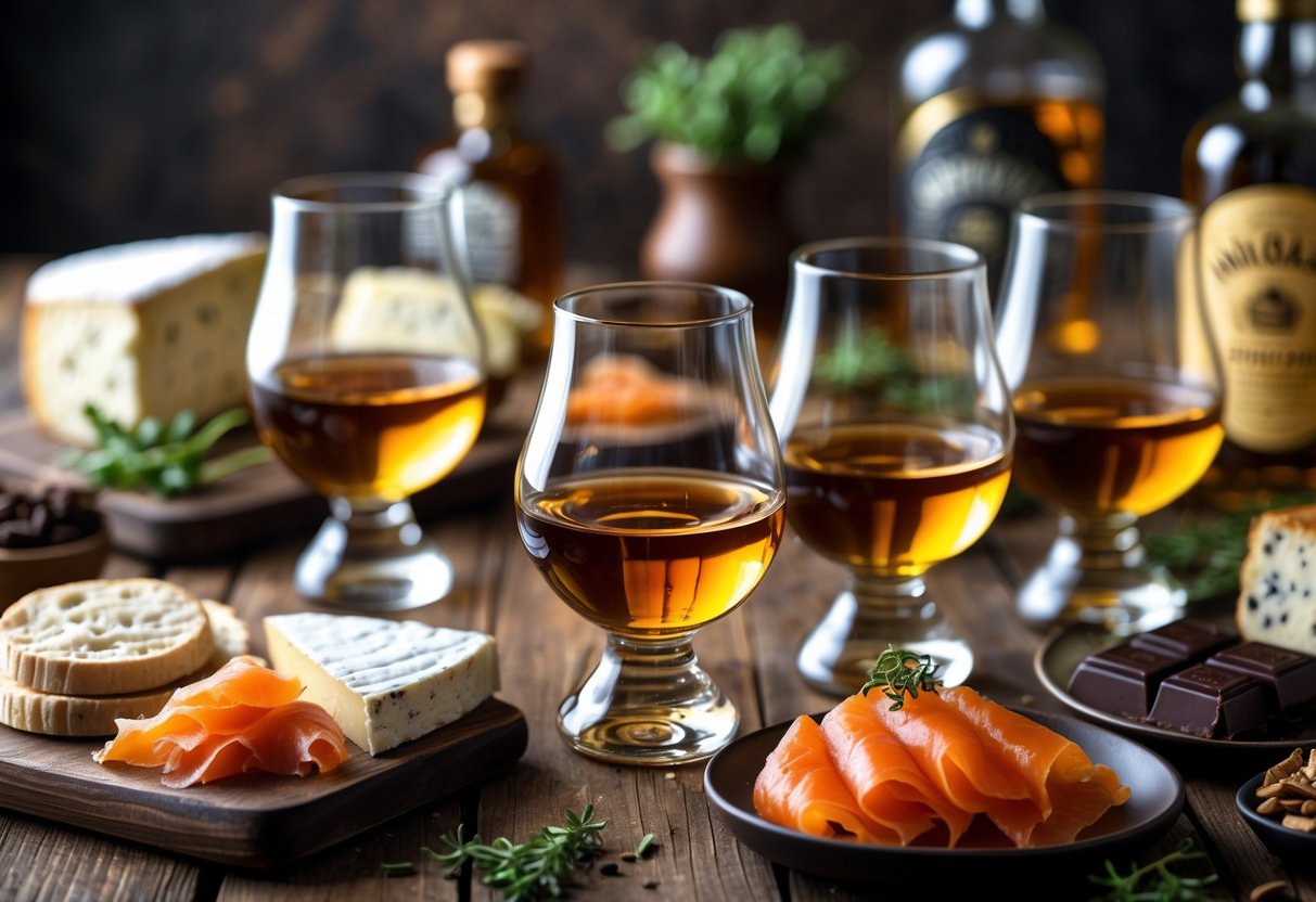 A wooden table with glasses of Irish whiskey paired with cheese, smoked salmon, soda bread, and dark chocolate.