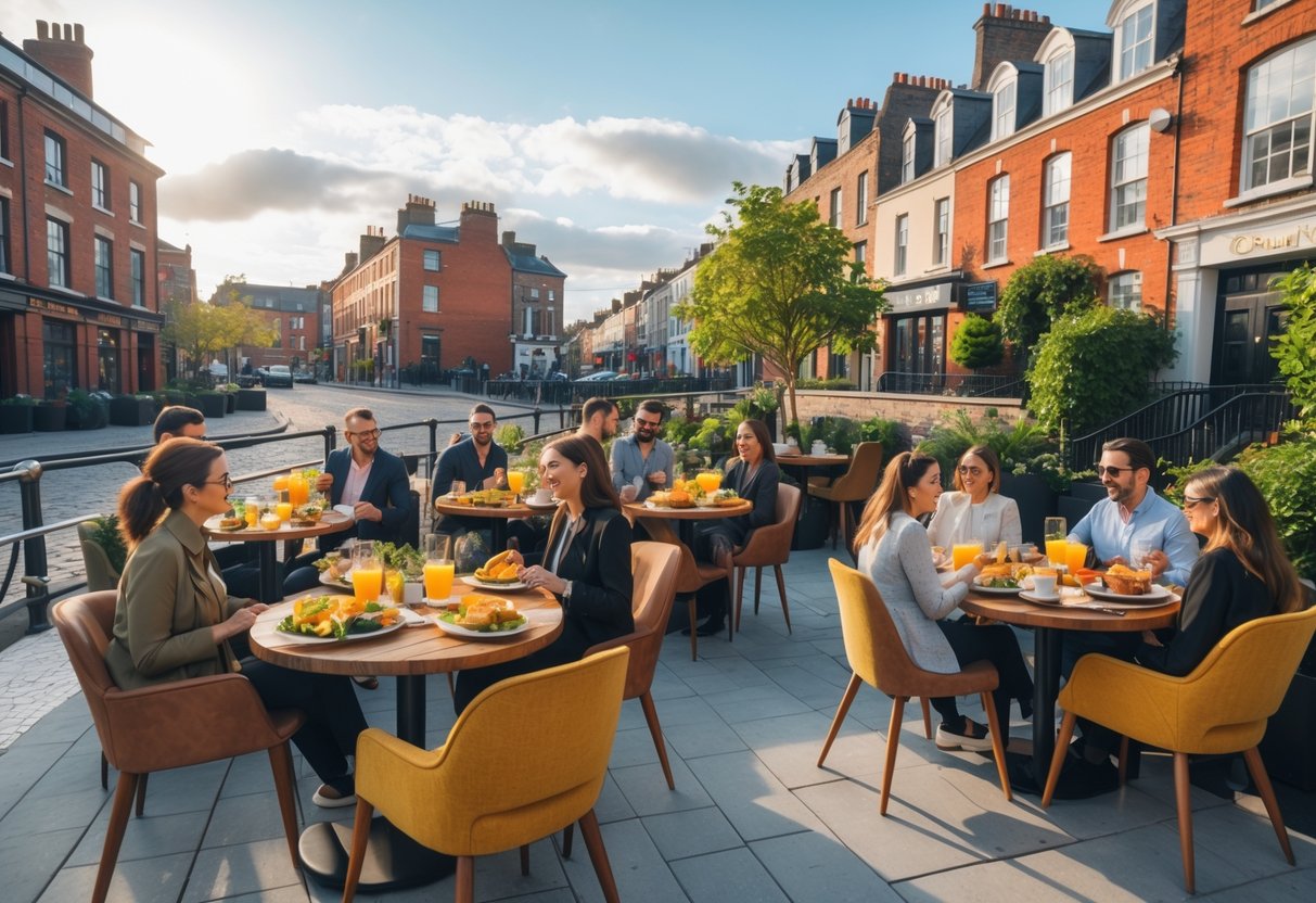 Outdoor brunch scene at a caf&eacute; terrace in Dublin with people enjoying food and drinks on a sunny day.