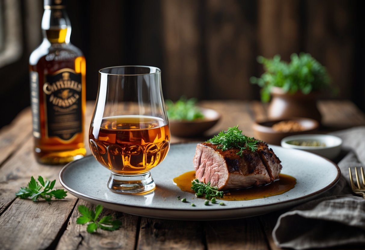 A glass of Irish whiskey next to a plated cooked meat dish on a wooden table with herbs and a whiskey bottle in the background.