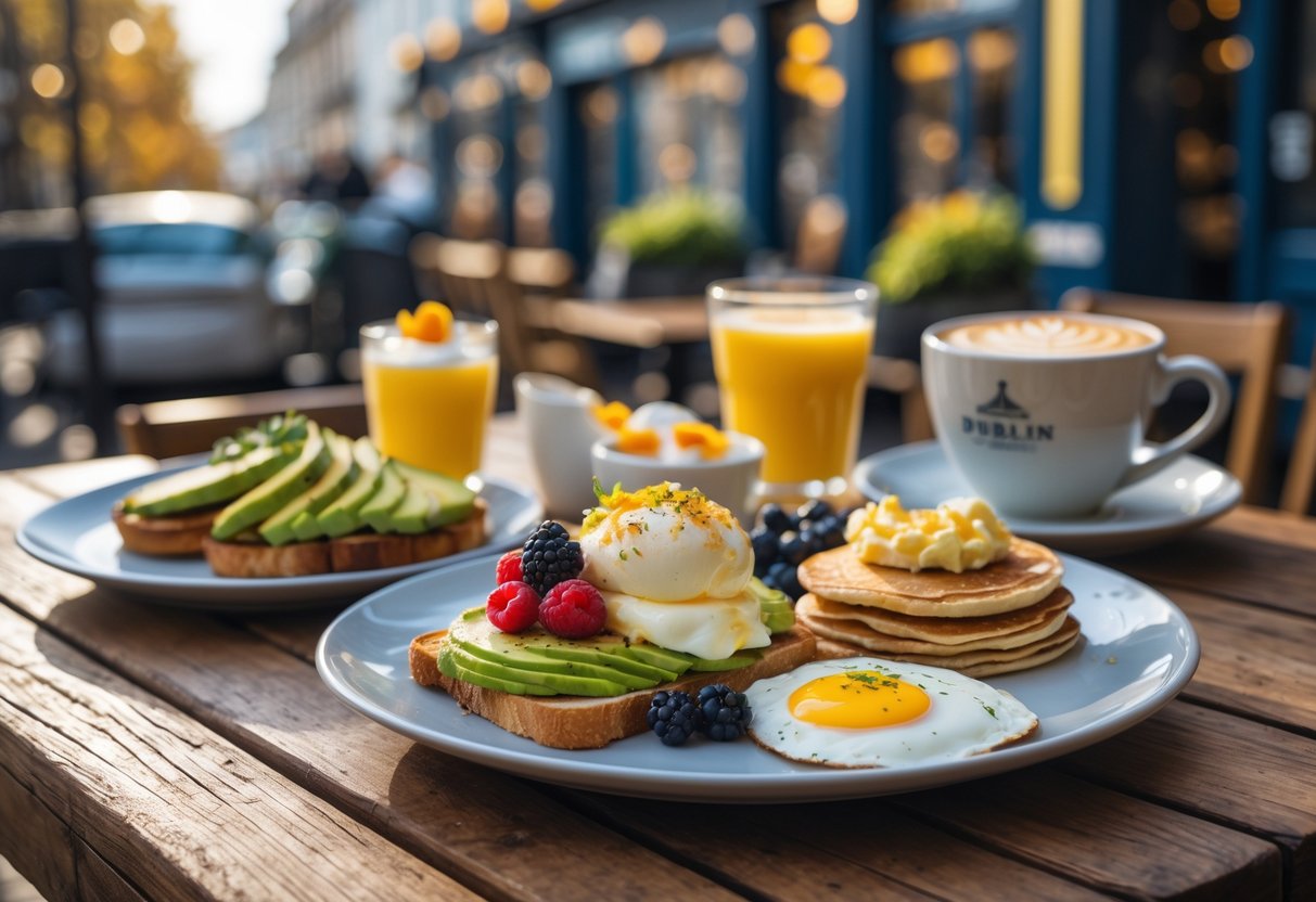 A sunny outdoor brunch table with various dishes including avocado toast, eggs Benedict, pancakes, and a cappuccino, with a blurred caf&eacute; and city background.