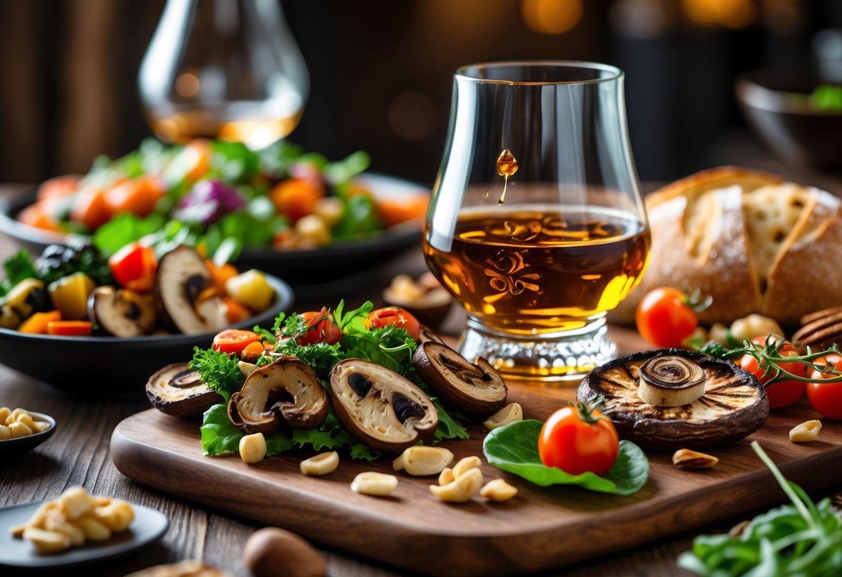 A glass of Irish whiskey on a wooden table surrounded by vegetarian and vegan dishes including grilled vegetables, salads, nuts, and bread.