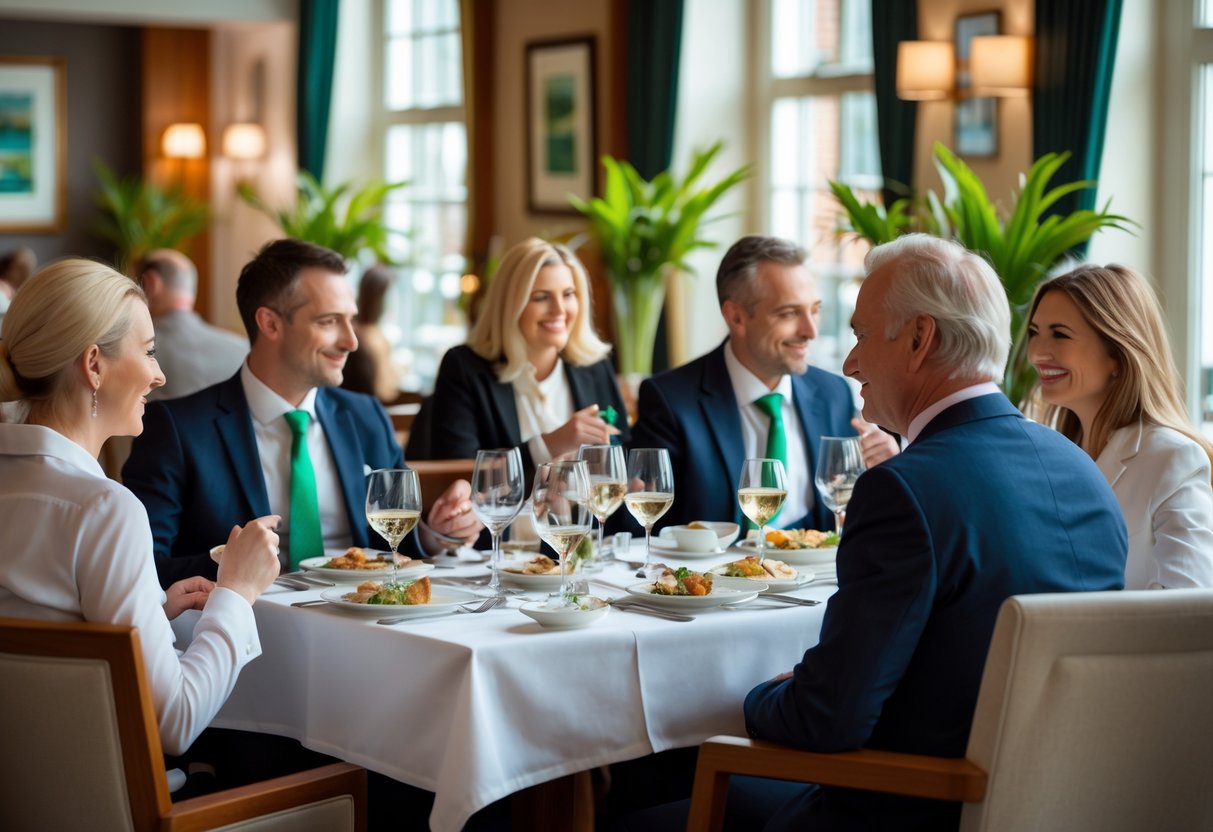 Guests dining at a well-lit, elegant restaurant inside a Dublin hotel with neatly set tables and warm decor.