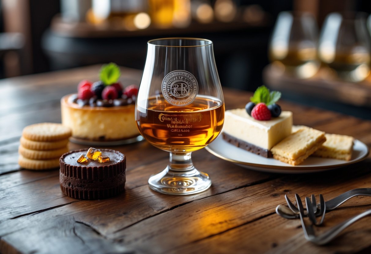 A glass of Irish whiskey on a wooden table next to various desserts including chocolate tart, cheesecake with berries, and shortbread cookies.