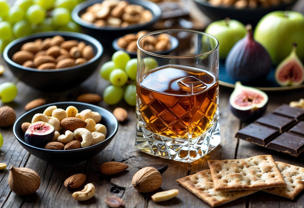 A glass of Irish whiskey on a wooden table surrounded by bowls of nuts, fresh fruits, crackers, and dark chocolate.