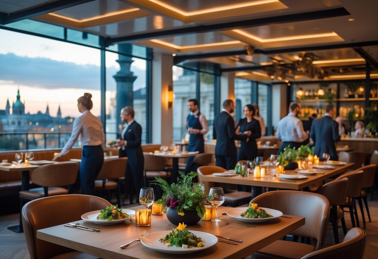 Interior of a busy Dublin restaurant with diners enjoying meals and staff serving food, featuring seasonal dishes and a view of the city outside.