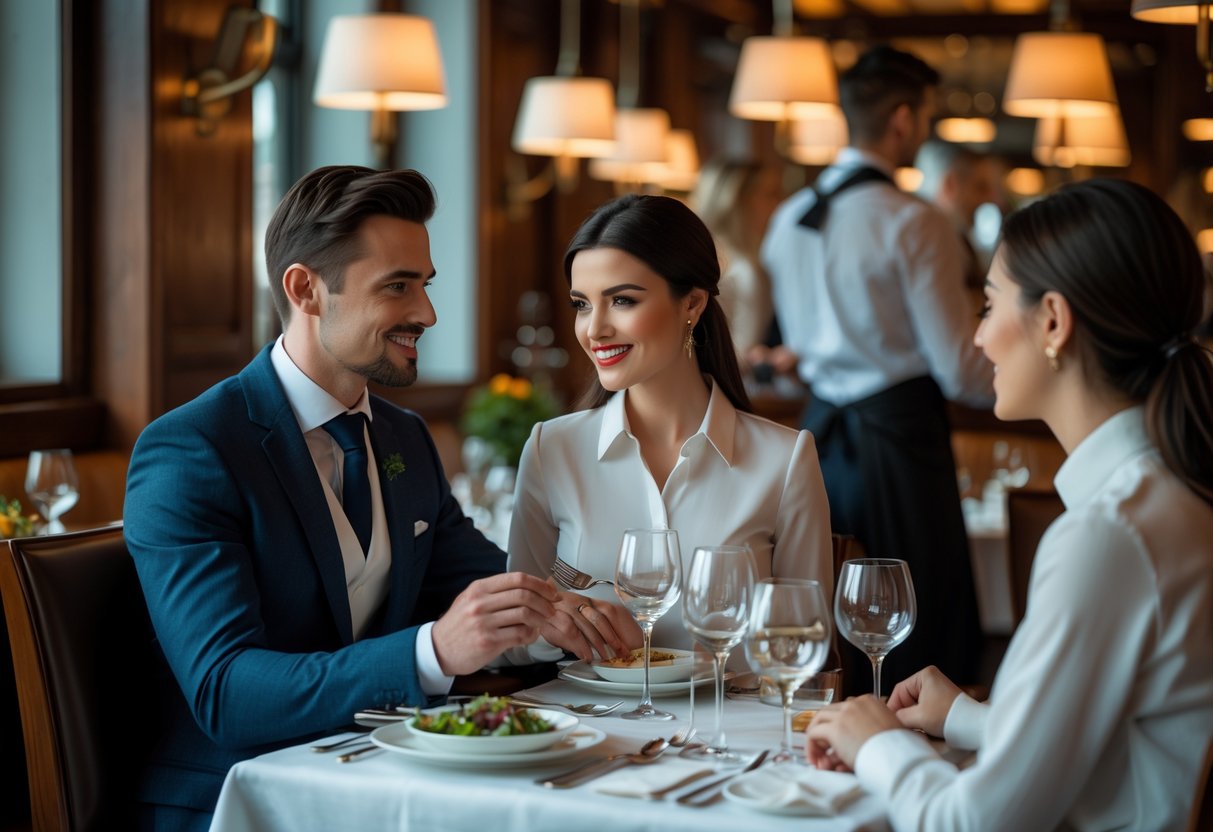 A couple dining at a neatly set table in a stylish Dublin restaurant, with attentive staff in the background.