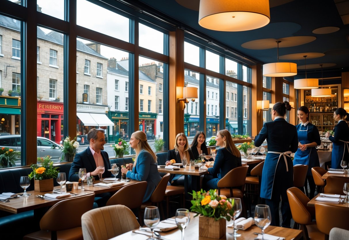Interior of a busy Dublin restaurant with diners enjoying meals and staff serving tables.