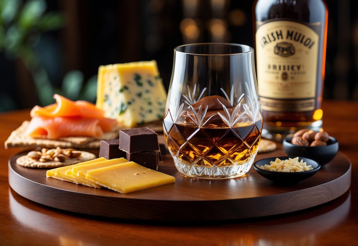 A glass of Irish whiskey on a wooden table surrounded by cheddar cheese, smoked salmon on crackers, dark chocolate, and roasted nuts.