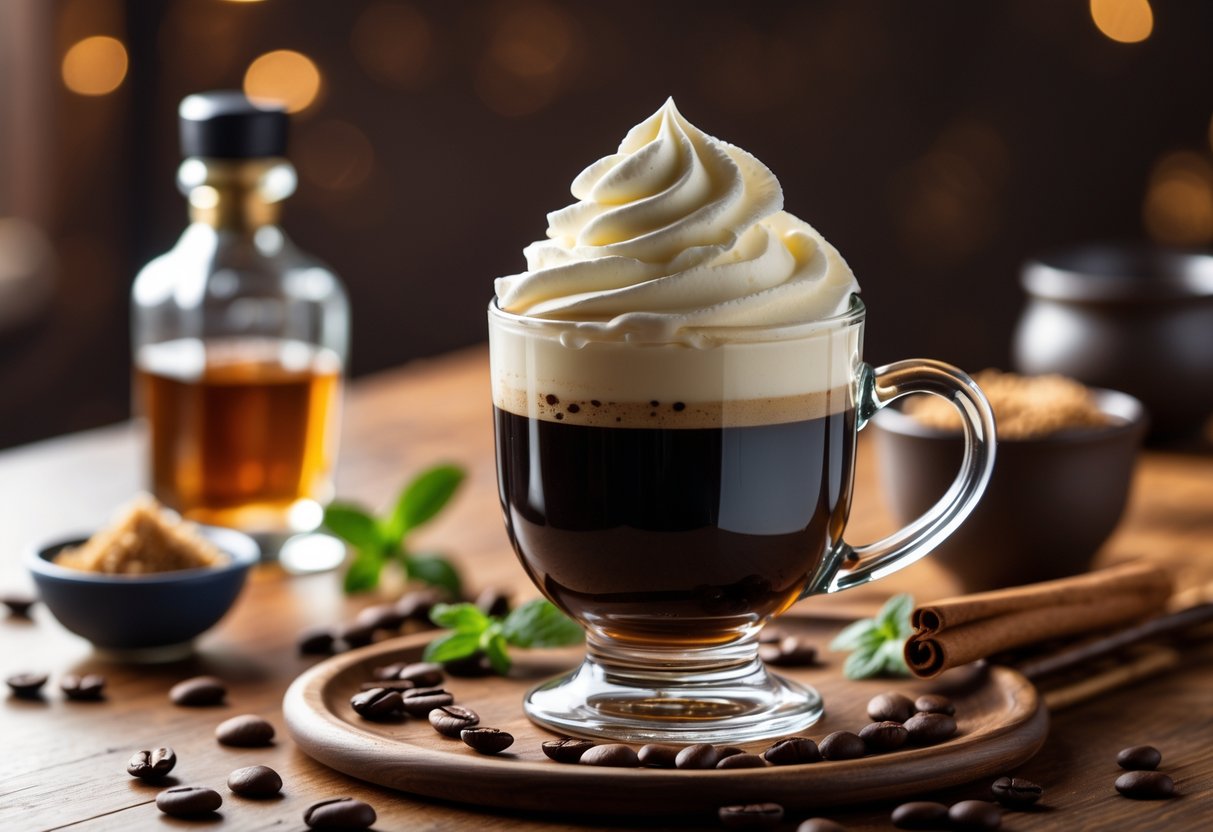 An Irish coffee glass filled with coffee and topped with whipped cream on a wooden table, surrounded by whiskey, brown sugar, coffee beans, and a cinnamon stick.