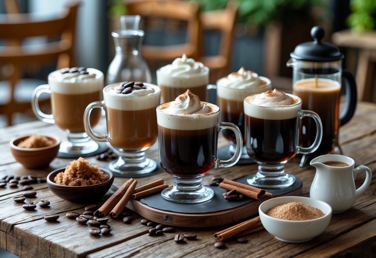 Several glasses of Irish coffee with whipped cream on a wooden table, surrounded by coffee, whiskey, cream, and sugar ingredients.