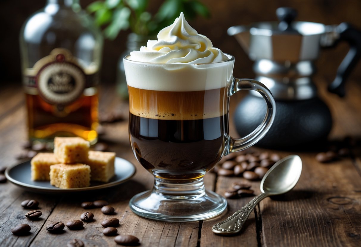 A glass of Irish coffee with whipped cream on top on a wooden table, surrounded by sugar cubes, a spoon, and coffee beans.