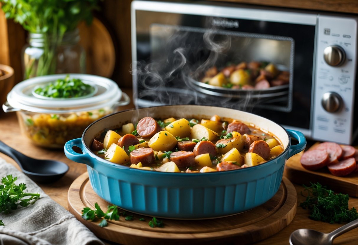 A steaming casserole dish of Dublin coddle on a wooden countertop with a glass container of leftovers, a microwave oven, fresh herbs, and kitchen utensils nearby.