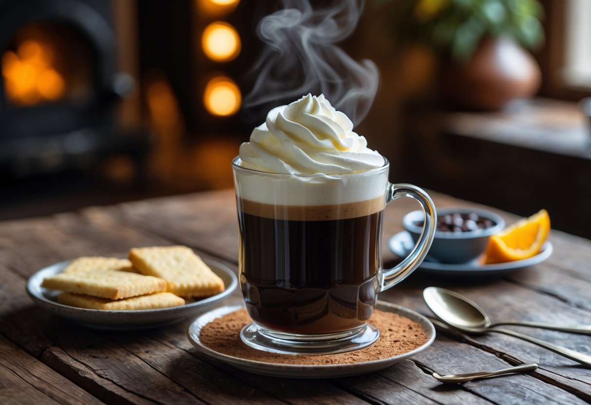 A glass of Irish coffee with whipped cream on top, accompanied by shortbread cookies, dark chocolate, and orange slices on a wooden table.