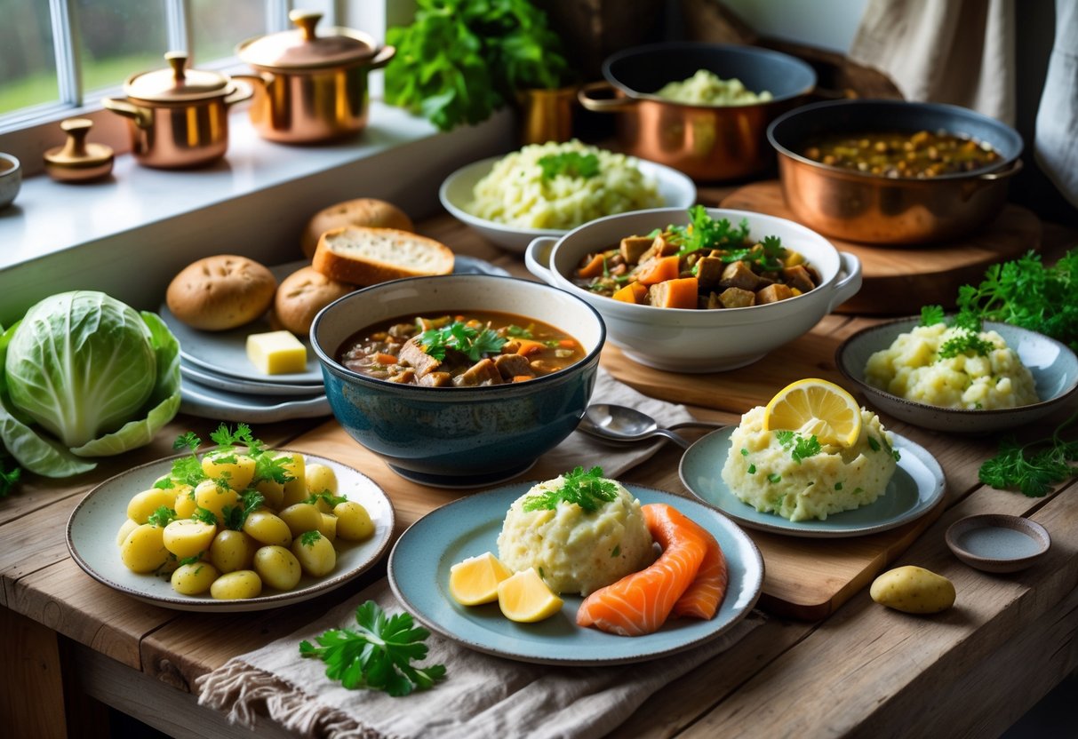 A rustic wooden table with traditional Irish dishes including stew, soda bread, colcannon, and smoked salmon, surrounded by fresh ingredients and kitchen items.