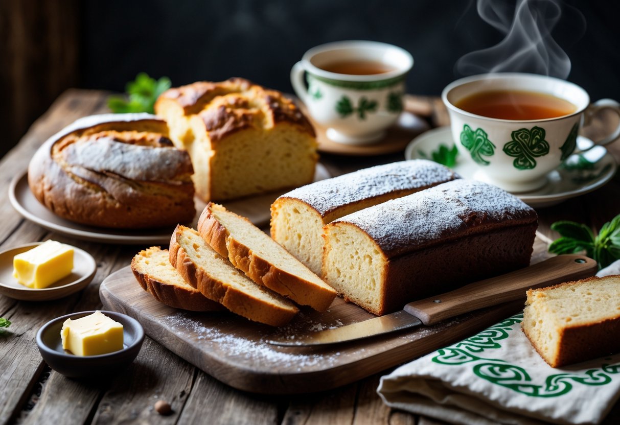 A wooden table with various traditional Irish sweet breads and cakes, a cup of tea, and butter arranged invitingly.