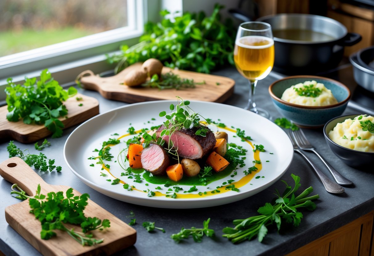A plated modern Irish dish with lamb, roasted vegetables, and herbs on a wooden table in a bright kitchen.